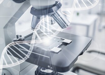 Microscope with dna helix overlay representing genetic research and scientific discovery