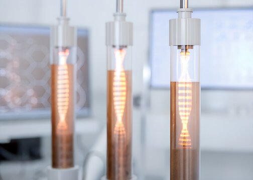 Glowing test tubes with dna strands symbolizing genetic engineering and molecular biology research