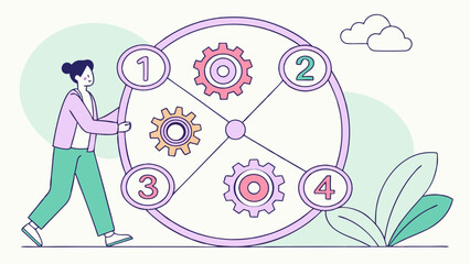 Minimalist Vector Illustration of Four-Stage Gear Mechanism for Process Automation and System Engineering Concepts in a Clean Modern Design
