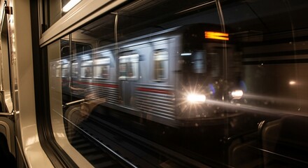 Moving Subway Train Seen Through Window, Motion Blur.