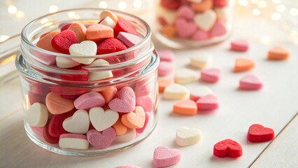 Colorful candy hearts in a glass jar, bright lighting, Valentine’s theme