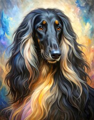 An oil painting style portrait of a dignified black and tan Afghan Hound, featuring its characteristic long, flowing hair and a calm expression.