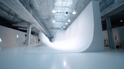 Industrial studio interior, white walls curve