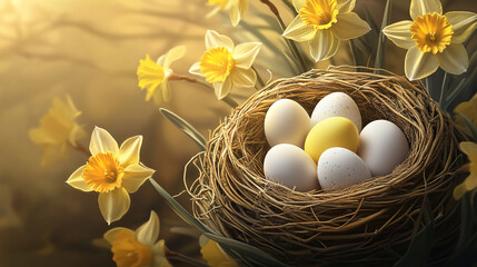 Easter eggs in a bird nest surrounded by daffodils spring flowers