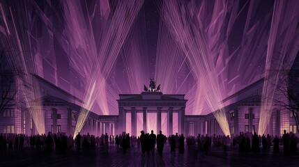 Obraz premium 930s art deco Berlin night scene poster, empty space for text in the middle, illuminated Brandenburg Gate, glowing light beams, vintage color palette of purples and gold