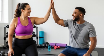 An overweight couple having a fun, energetic pillow fight at home, a playful way to be active and relieve stress together.