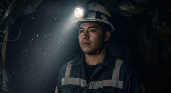 Caucasian man, a miner, standing in a dark mine tunnel with a headlamp on his safety helmet illuminating dust particles, professional safety concept imagery.