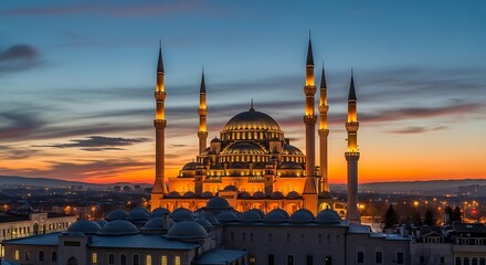 Obraz premium Magnificent illuminated mosque with tall minarets against a vibrant sunset sky