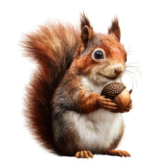 Fototapeta premium Red Squirrel Holding Acorn with Bushy Tail Curled, Sitting Pose, Isolated on Transparent Background