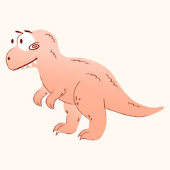 A cartoon dinosaur with a friendly expression. The dinosaur is pink with a rounded body and small arms. It stands on two legs, showcasing a playful demeanor.