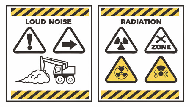 Minimalist vector warning signs set emphasizing safety alerts for loud noise and radiation hazards with clear icons and bold labels suitable for safety communication and hazard prevention