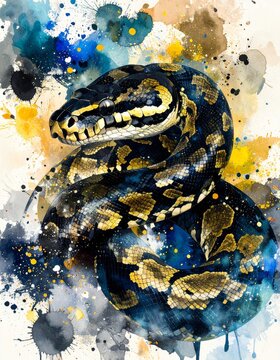 An artistic watercolor illustration of a patterned diamond python coiled and ready to strike. The background is a lively splash of blue, brown, and yellow paint, giving it a dynamic, raw feeling.