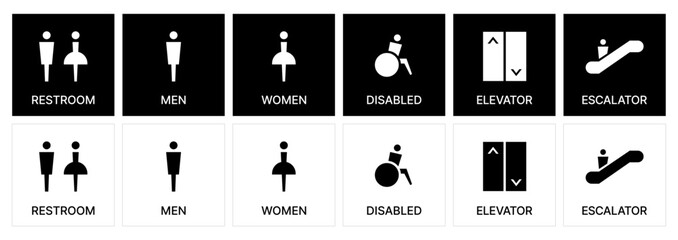 Restroom icon set. male and female toilet symbols. disabled icon. gender icon. restroom pictogram. Elevator and Escalator public signage. WC signage.