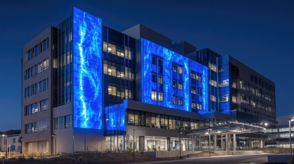 Modern office building at night, illuminated with dynamic blue patterns on glass facade