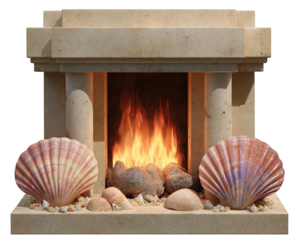 Fireplace decorated with beach theme, large seashells, natural stone, and burning fire, creating cozy and relaxing coastal atmosphere for home interior design