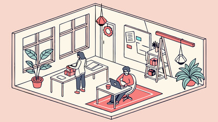 Modern Minimalist Home Office Workspace Illustration with Indoor Plants and Creative Organization for Remote Work and Study Environments