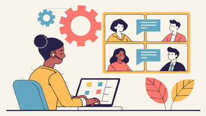Modern Minimalist Vector Illustration Depicting Remote Team Collaboration with Digital Devices and Communication Icons for Virtual Meetings and Online Workspaces