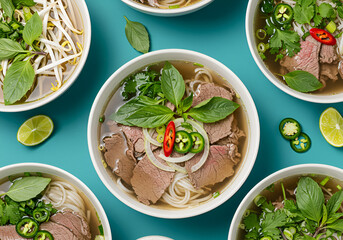 Overhead view of multiple bowls of pho