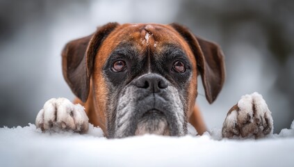 Obraz premium A photo of an elegant, brown and black boxer dog with paws on the edge peeking out from behind the white snow in winter.