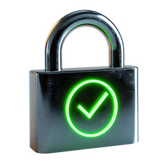 A shiny silver padlock with a glowing green check mark, symbolizing security and trustworthiness in digital environments., transparent PNG
