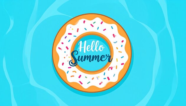 Vibrant Hello Summer Illustration: Donut Float in Blue Water Background Design