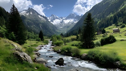 Obraz premium Picturesque Alpine Village Nestled in a Mountain Valley, A serene mountain valley scene showcasing a charming village nestled amidst lush green meadows and towering snow-capped peaks.