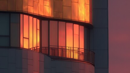 Modern building facade at sunset, warm orange glow reflecting in windows