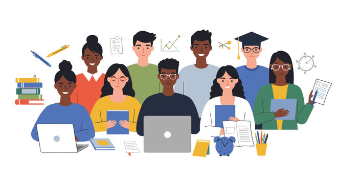 Diverse group of students studying together with laptops and books