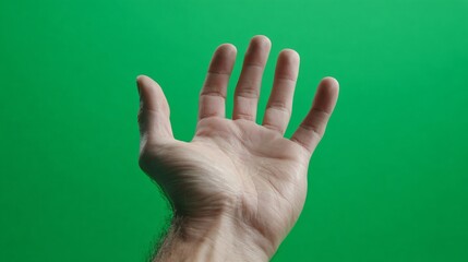 An open human hand with fingers naturally spaced presents its palm upwards against a vibrant green screen backdrop creating a