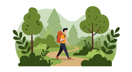 Hiking adventure in a lush forest landscape with backpacker on scenic