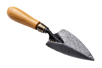 Close-up of a small trowel.  Wooden handle, dark metal blade, pointed tip.  Isolated on black background