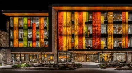 Modern building facade at night, lit with vibrant colored panels