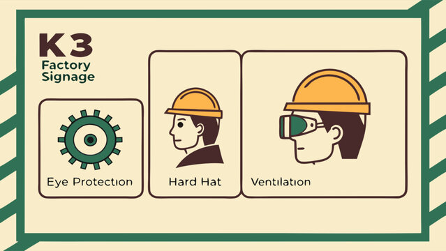 Vector Minimal Factory Signage Set K3 Featuring Eye Protection Hard Hat and Ventilation Icons for Industrial Safety and Workplace Awareness Designed for Clear Visual Communication and Safety