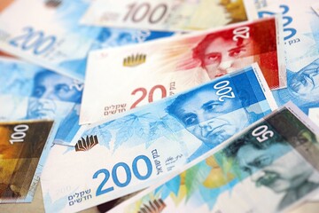 Israel New Shekels banknotes. The current Israel money bills lies on table in big amount