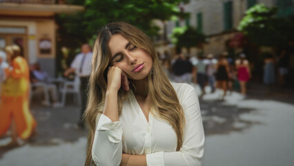 Woman with bare arm leaning her head on her hand and eyes closed, dozing off in a busy city street under midday sunlight; boredom fatigue.