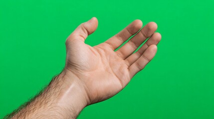 A human hand, palm open and facing upwards with naturally spaced fingers, rests gently against a vibrant green screen background,