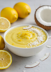 Creamy yellow smoothie bowl with coconut and lemon