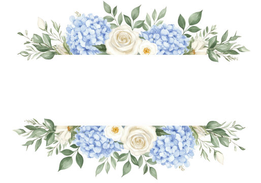Watercolor floral frame with blue hydrangeas and white roses ideal for invitations and greeting cards isolated on transparent background