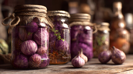 Several glass jars filled with pickled purple onions and other vegetables on a rustic wooden shelf, with loose onions in the foreground, suggesting a traditional pantry setting.