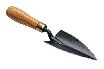 Close-up of a small trowel.  Wooden handle, dark metal blade, pointed tip.  Garden tool