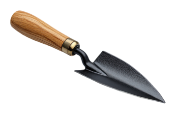Close-up of a small trowel.  Wooden handle, dark metal blade, pointed tip.  Garden tool
