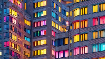 Colorful apartment buildings at night. Windows glow with vibrant hues