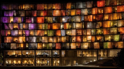 Night view of a building facade with lit windows