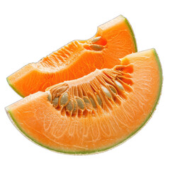 Two slices of orange melon, seeds visible