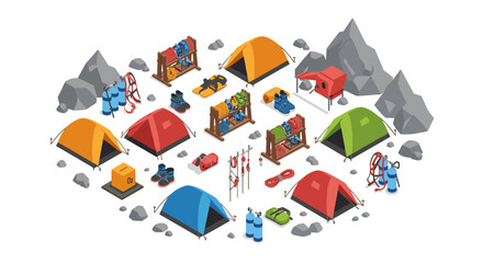 Isometric camping equipment set: tents, backpacks, gear, and mountains