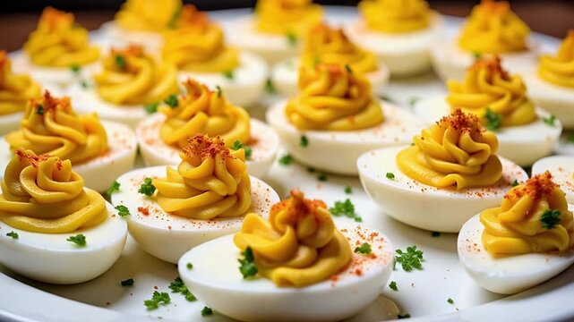 Delicious deviled eggs with paprika and fresh herbs, a perfect party platter for elegant entertaining and delightful gatherings. 4k video footage