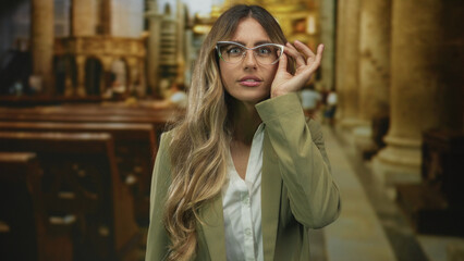 Woman with glasses and long hair finger to lips for silence in historic cathedral; awe reverence...