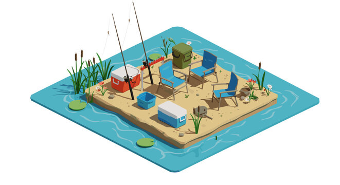 Peaceful fishing retreat with camping chairs and gear on a sandy islan