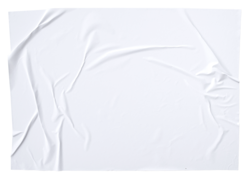 Blank white crumpled paper poster texture background. White paper wrinkled poster template isolated on transparent background..