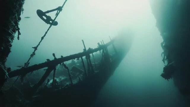 Mysterious underwater shipwreck surrounded by haunting shadows.